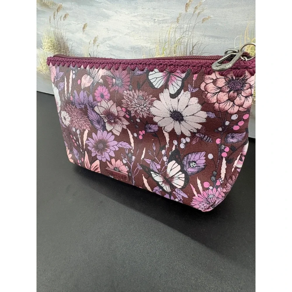 Sakroots Floral Butterfly Makeup Cosmetic Bag Pouch Purple Pink Coated Canvas